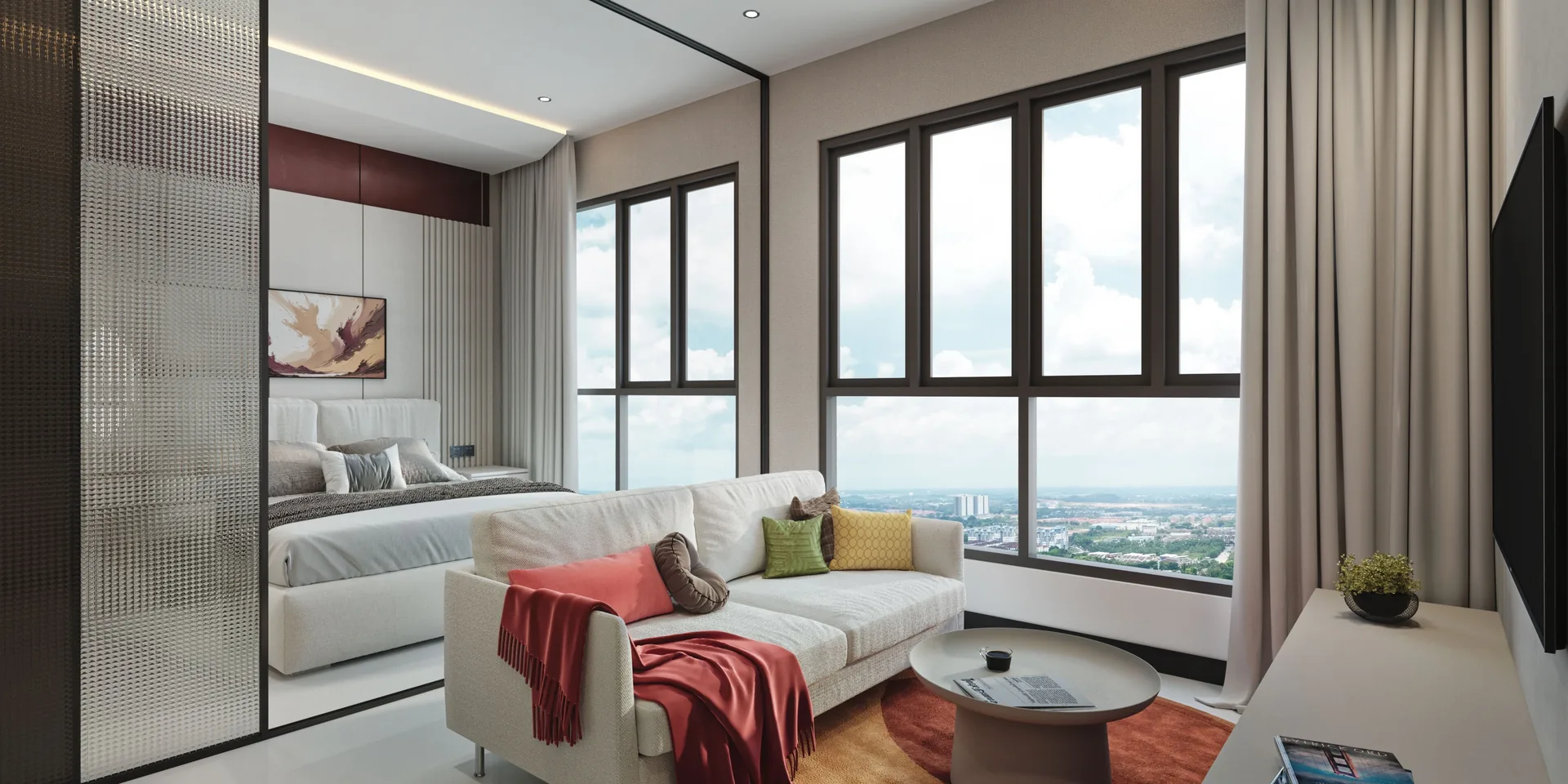 Mandolin Residences Type A interior with bedroom, sofa and panoramic windows — artist's impression